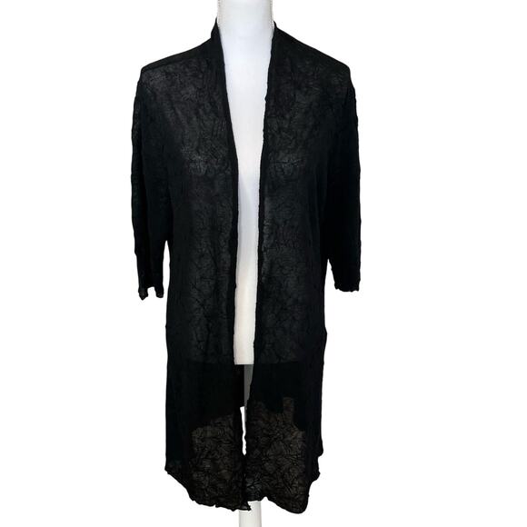 Eileen Fisher Cardigan Size Medium Black Textured Long Semi-Sheer Elbow Sleeve - Picture 1 of 9